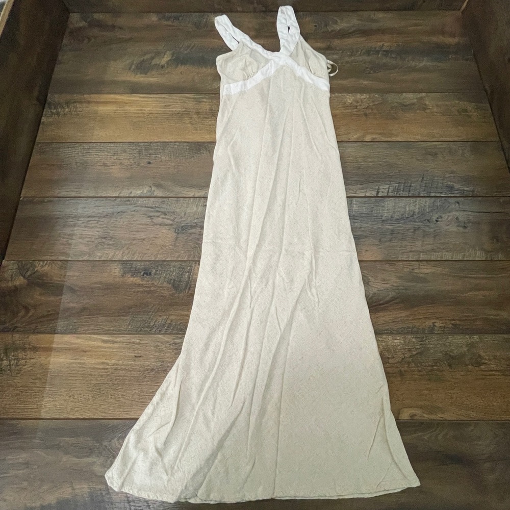 Monteau Los Angeles Beige Linen Blend V-Neck Sleeveless Maxi Dress Small Coastal